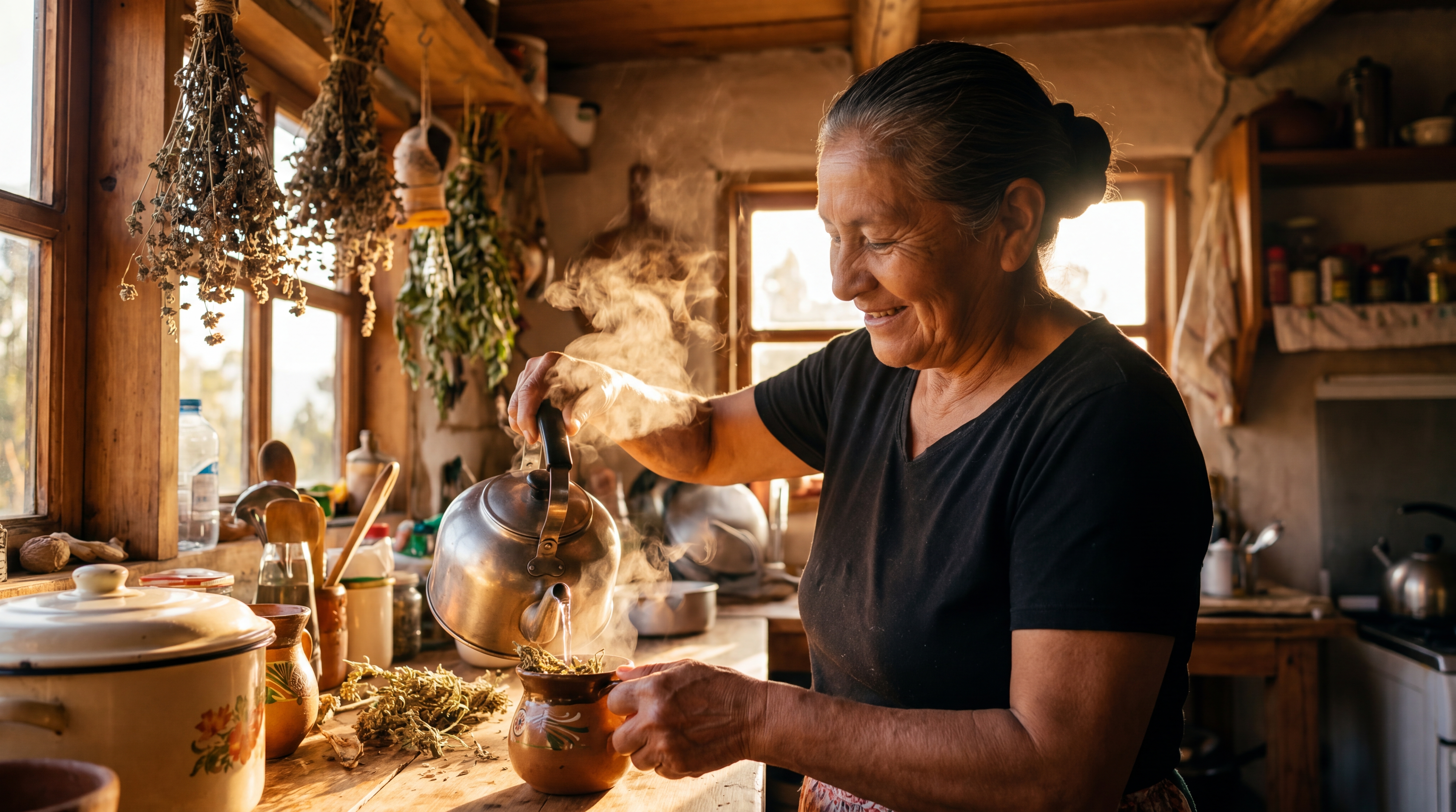 Señora preparando té herbal en casa